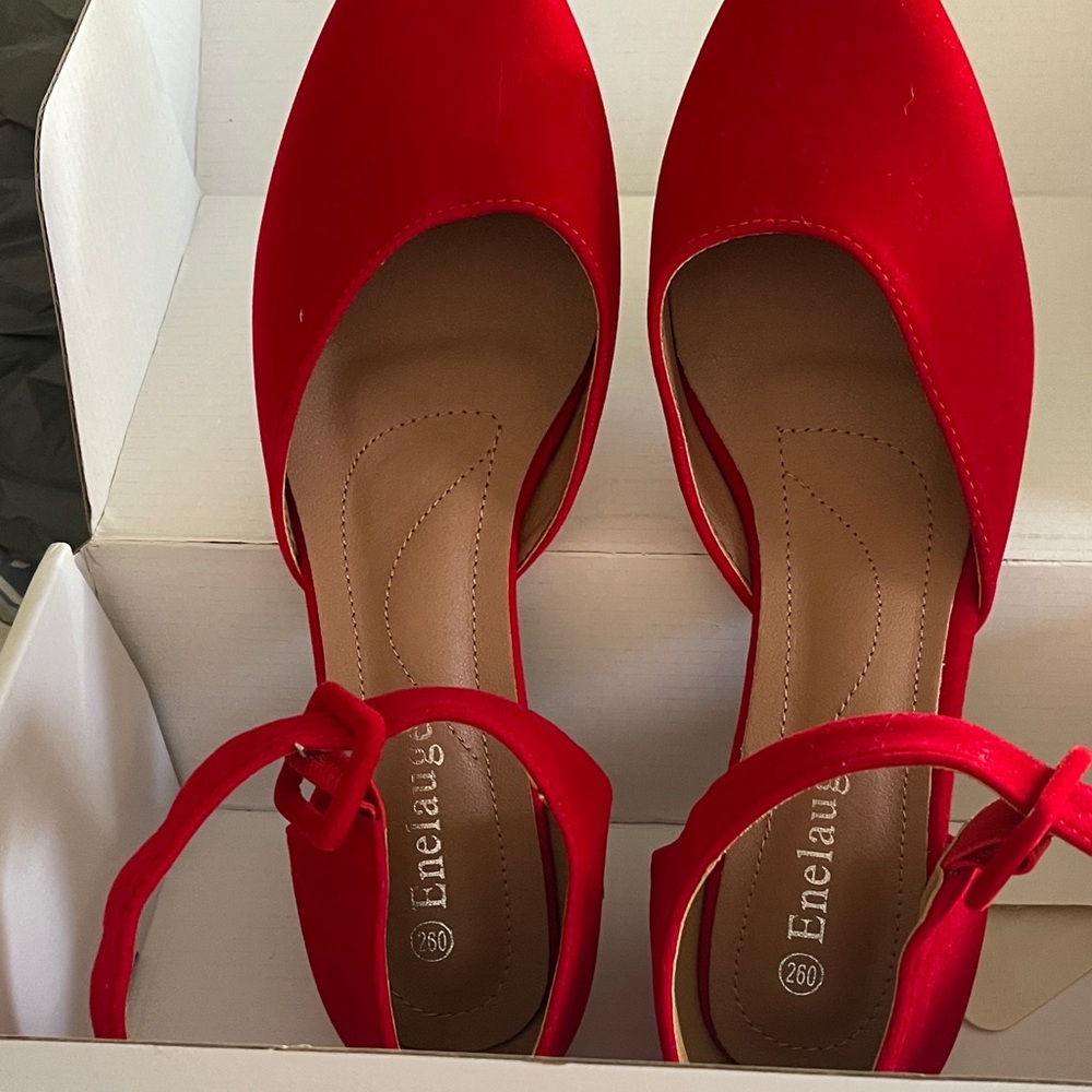 Women's Velvet Red, chunky heels with ankle strap. Makes a boho maxi pop!